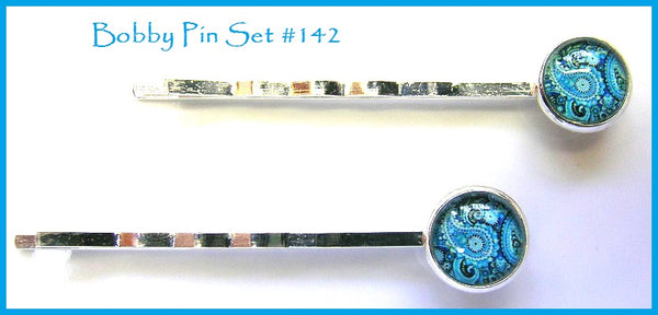 Pink Lily ~ Blue Paisley Bobby Pin Set  ~ #142