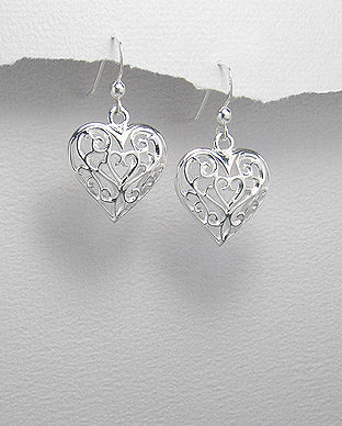 Sterling Silver Heart Dangle Earrings ~ 2-1-1039