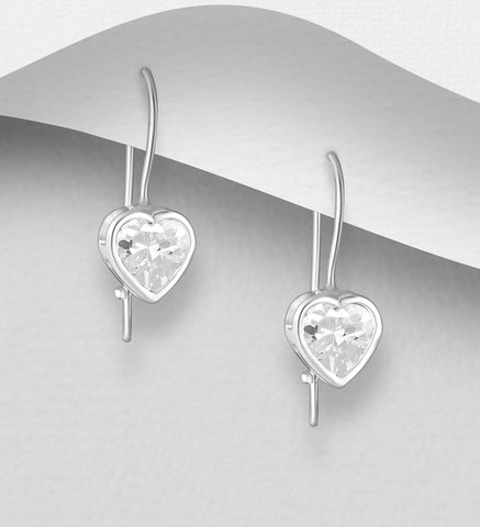 Sterling Silver CZ Heart Dangle Earrings ~ 2-1-1136 White