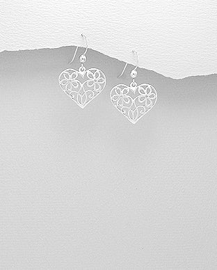 Sterling Silver Heart Dangle Earrings ~ 2-1-1137