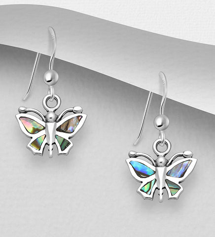 Sterling Silver Abalone Shell Butterfly Dangle Earrings ~ 2-1-1184