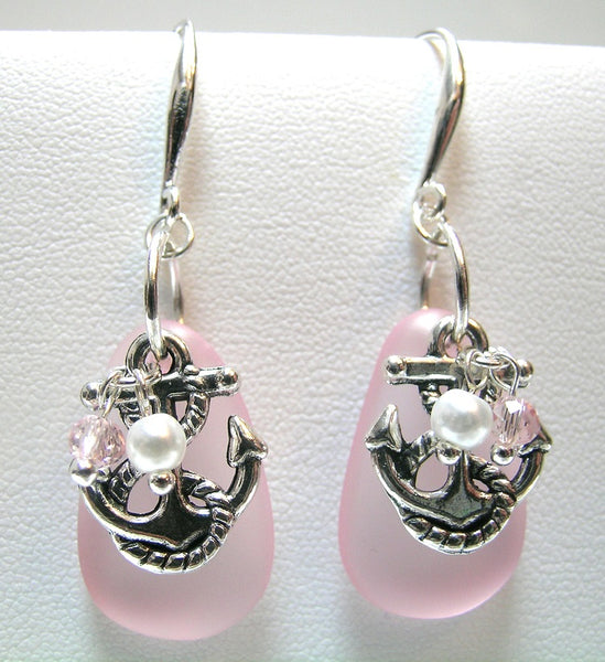 Pink Lily ~ Faux Pink Sea Glass Anchor Drop Earrings or Necklace #87