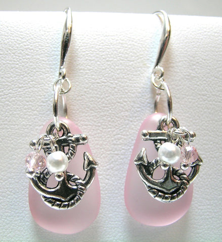 Pink Lily ~ Faux Pink Sea Glass Anchor Drop Earrings or Necklace #87