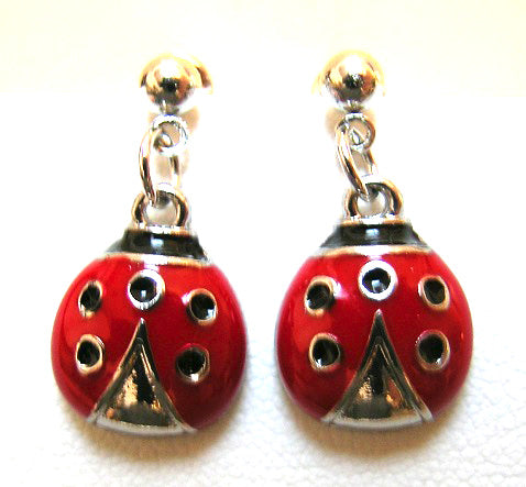Pink Lily ~ Silver Plated Lady Bug Drop Earrings #81