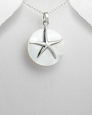 Sterling Silver White Mother of Pearl Shell Starfish Pendant on 18 inch chain 5-1-409