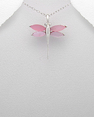 Sterling Silver Pink Mother of Pearl  Dragonfly Pendant on 18 inch Chain ~ 5-1-460
