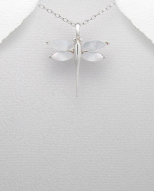 Sterling Silver White Mother of Pearl  Dragonfly Pendant on 18 inch Chain ~ 5-1-460