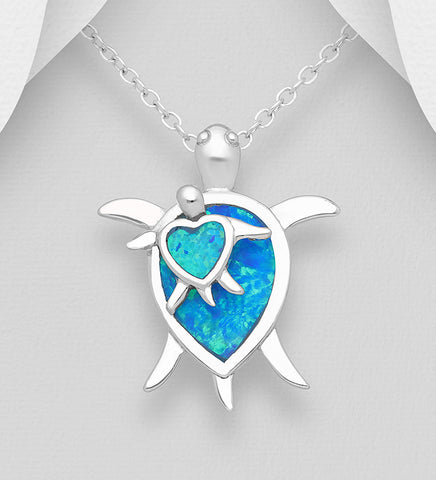 Sterling Silver Large Blue Turtle Pendant on 18 inch chain ~ 5-1-494