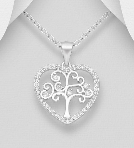 Sterling Silver CZ "Tree of Life" Heart Pendant on 18 inch chain 5-1-575