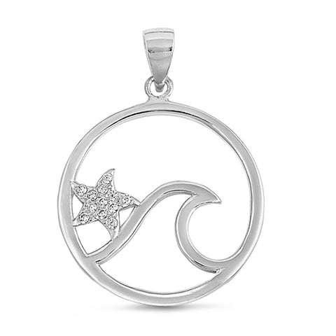 Sterling Silver "Wave & CZ Starfish" Pendant on 18 inch chain 5-1-592