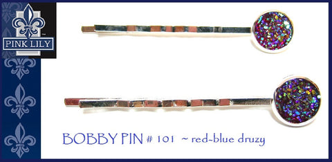 Pink Lily ~ Bobby Pin Set #101 ~ Red-Blue ~ Silver Metal Druzy