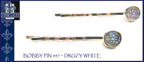 Pink Lily ~ Bobby Pin Set ~ White Druzy ~ Set #97