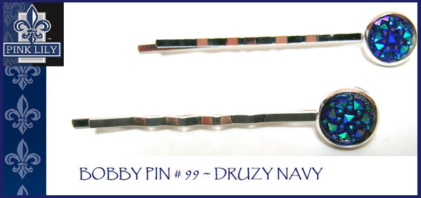 Pink Lily ~ Bobby Pin #99 ~ Navy ~ Silver Metal Druzy ~ Set