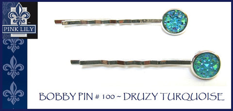 Pink Lily ~ Bobby Pin Set #100 ~ Turquoise ~ Silver Metal Druzy