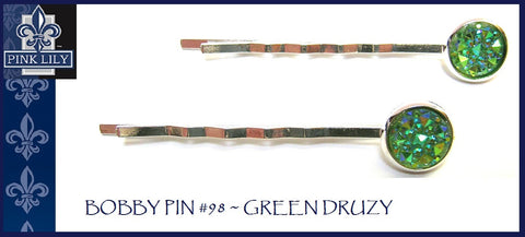 Pink Lily ~ Bobby Pin Set #98 ~ Green ~ Silver Metal Druzy