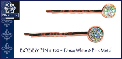 Pink Lily ~ Bobby Pin Set #102 ~ White ~ Rose Gold Metal Druzy