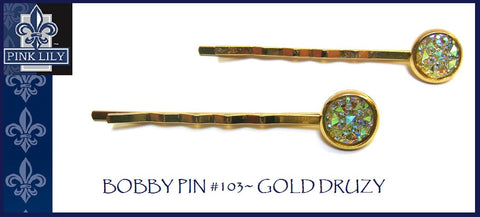 Pink Lily ~ Bobby Pin #103 ~ Gold ~ Gold Metal Druzy ~ Set