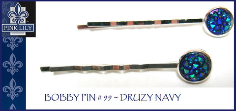 Pink Lily ~ Bobby Pin Set #99 ~ Navy ~ Silver Metal Druzy