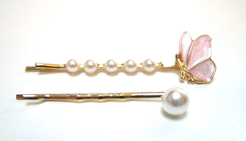 Pink Lily ~ Bobby Pin ~ Pink Butterfly & Pearl Set~ #155