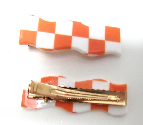 Pink Lily ~ "Wave" Checkerboard ~ White & Orange  ~ Pinch Clip #147 SALE