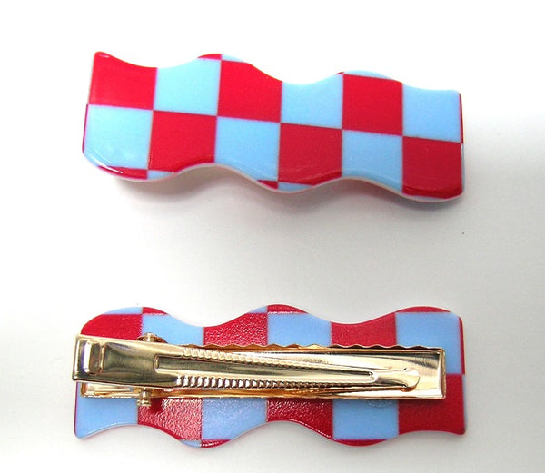 Pink Lily ~ "Wave" Checkerboard ~ Blue & Red  ~ Pinch Clip #148 SALE