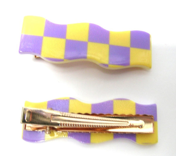 Pink Lily ~ "Wave" Checkerboard ~ Yellow & Purple  ~ Pinch Clip #149 SALE