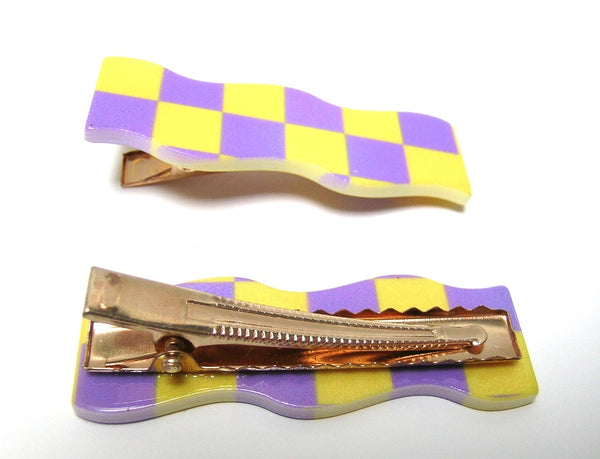 Pink Lily ~ "Wave" Checkerboard ~ Yellow & Purple  ~ Pinch Clip #149 SALE