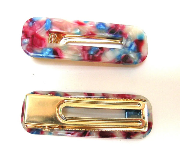 Pink Lily ~ "Taylor" Marbled Coral & Turquoise  Rectangle ~ Pinch Clip #77