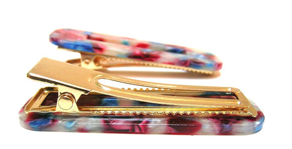 Pink Lily ~ "Taylor" Marbled Coral & Turquoise  Rectangle ~ Pinch Clip #77