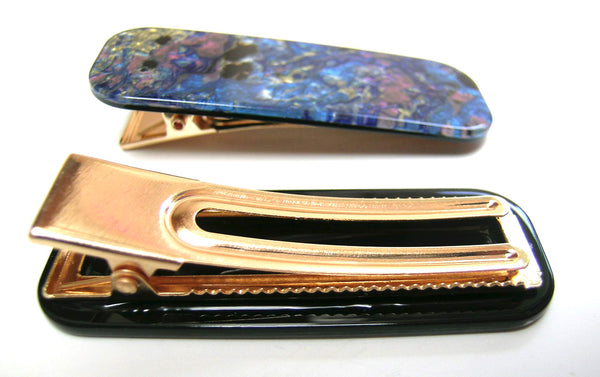 Pink Lily ~  Rectangle Marbled Blue & Gold ~ Pinch Clip #80