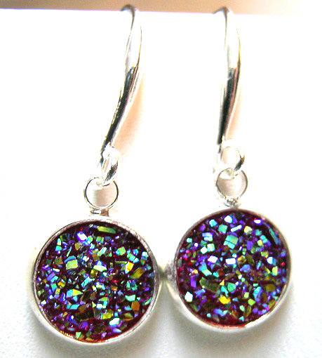 Pink Lily ~  Druzy Silver Plated Drop Earrings ~ 7 Colors